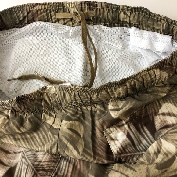 Laguna Originals Swim Trunks Mens L Palm Leaf Tan Green Elastic Waist Pockets - Picture 10 of 12